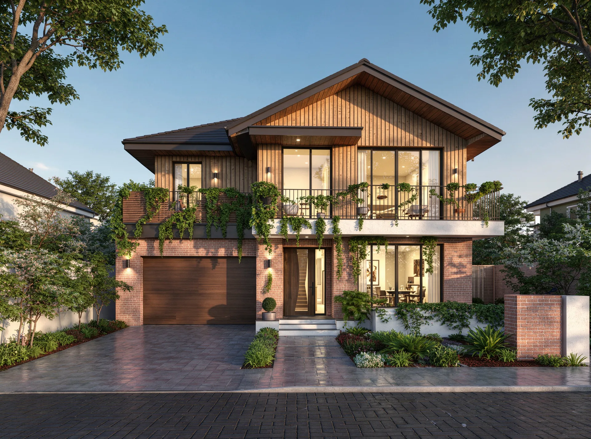 Photorealistic exterior rendering of a contemporary villa in evening light