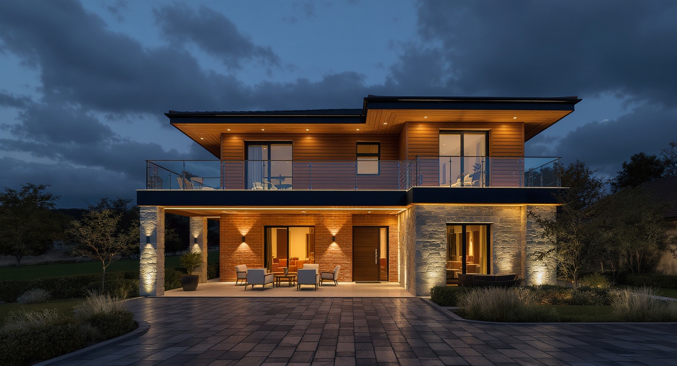 Exterior rendering of a two-storey modern house with brick, stone, timber and glass