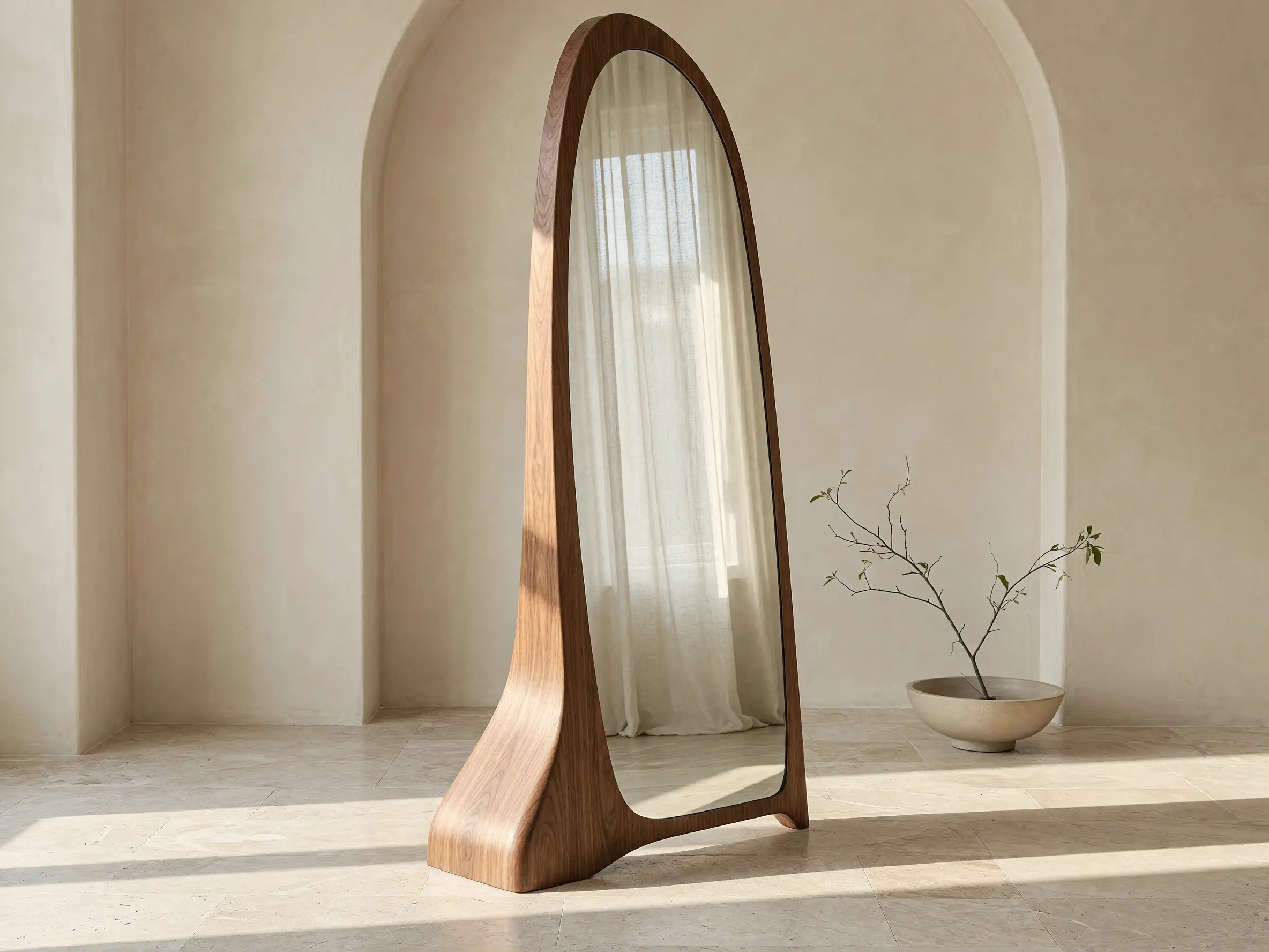 3D floor mirror model transformed into a photorealistic furniture render with curved brass frame