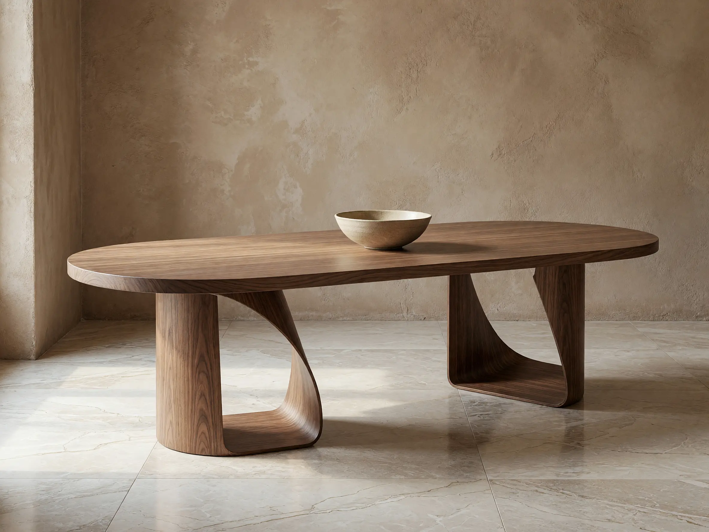 3D walnut dining table model transformed into a photorealistic catalog product shot with studio lighting