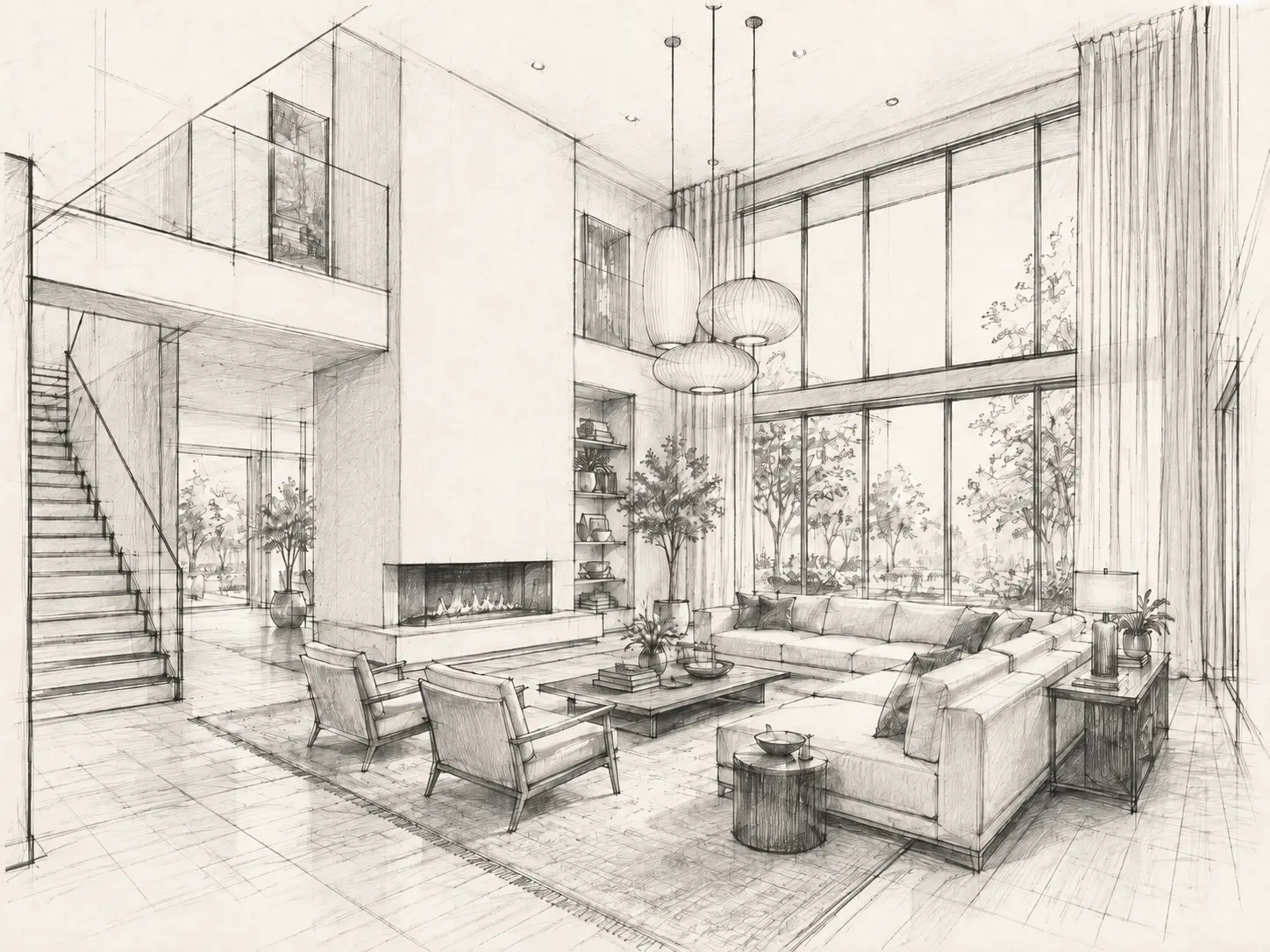 Pencil Sketch → Luxury Living Room — original sketch