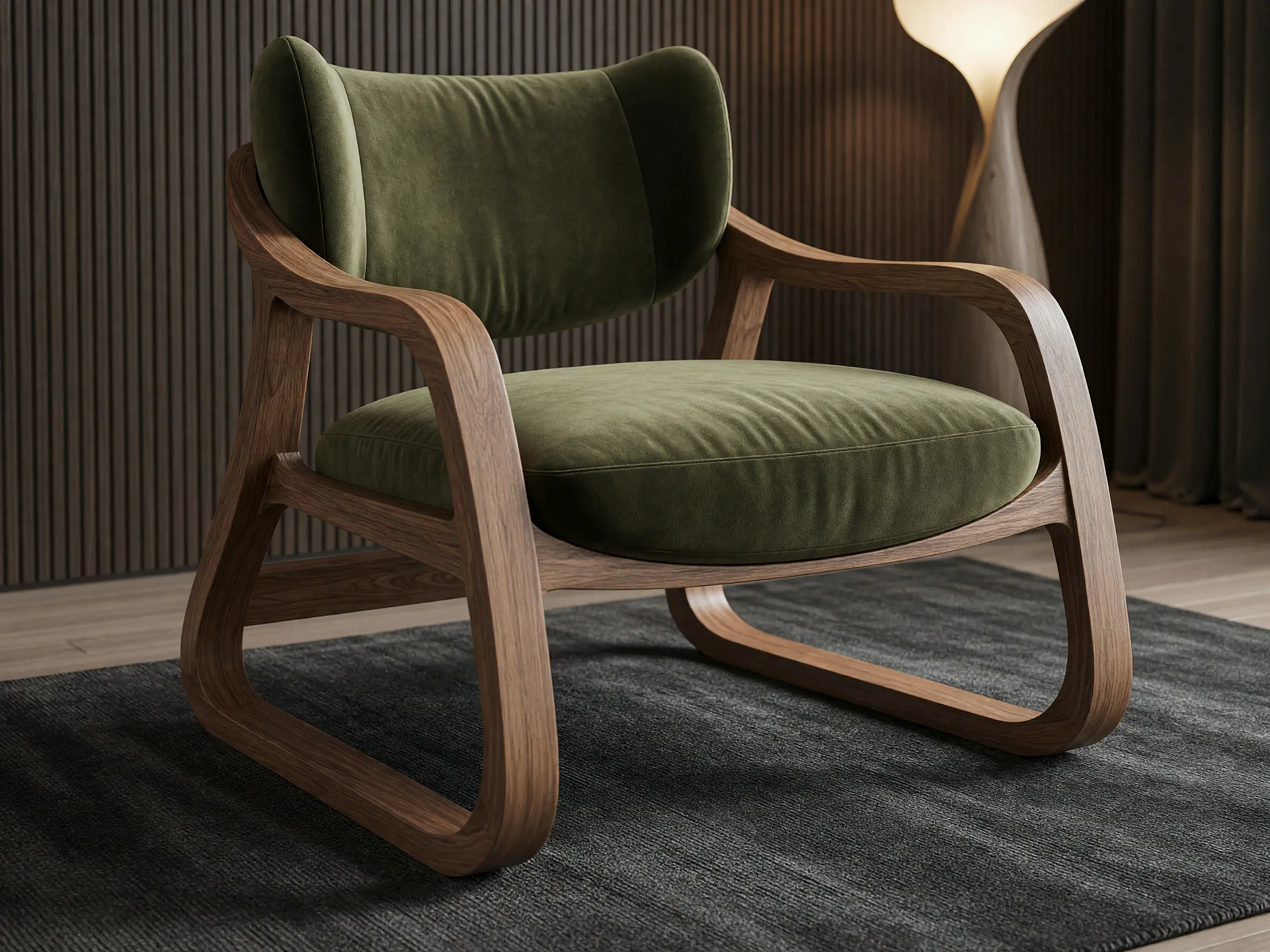 3D lounge chair model transformed into a photorealistic furniture render with boucle upholstery and warm timber frame