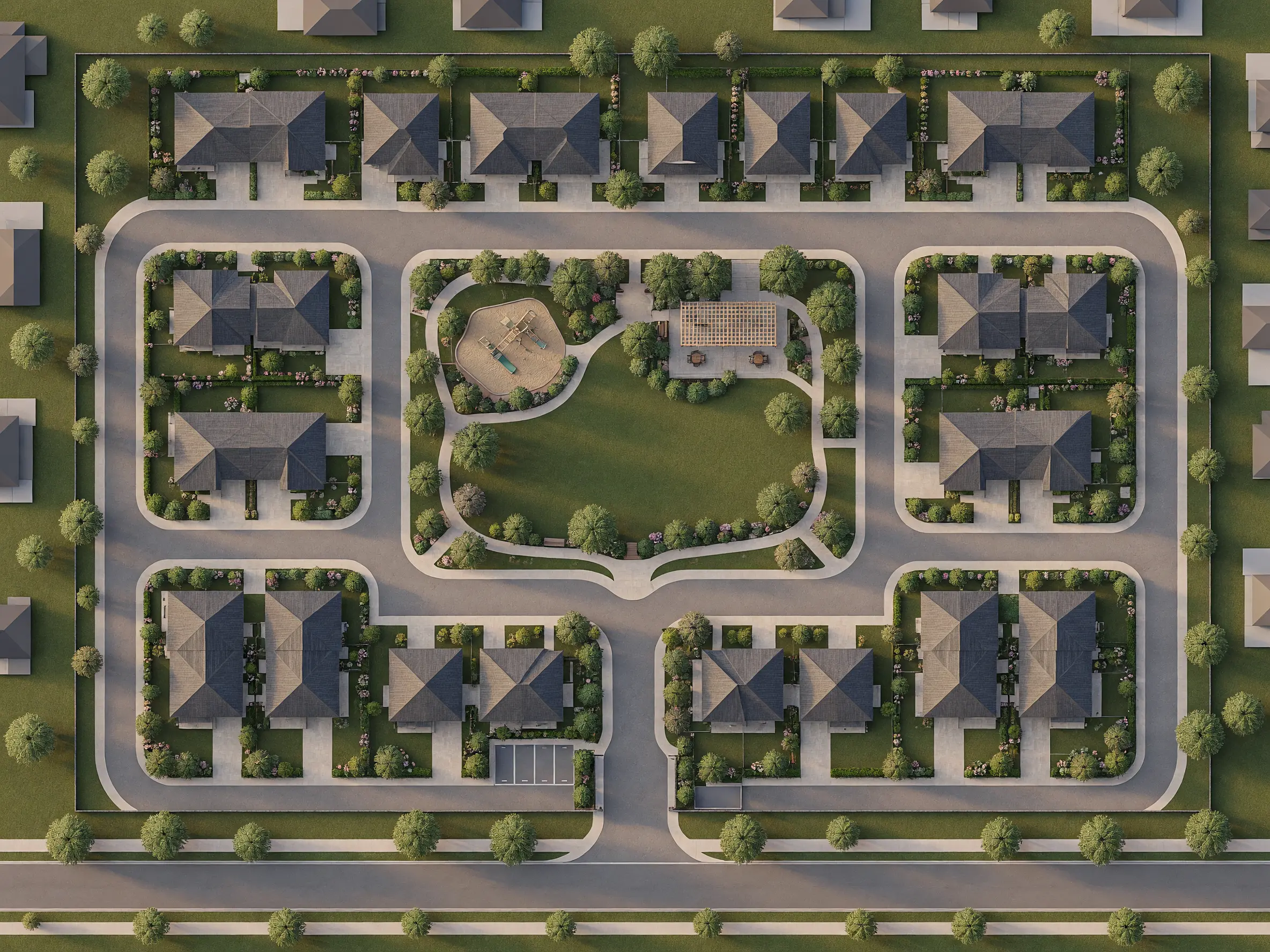 3D site plan rendering of a residential development with buildings, roads and green landscape belts