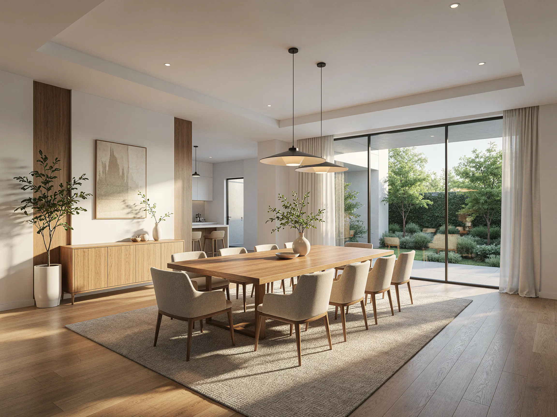 Simple interior line drawing transformed into a warm, photorealistic dining room render with materials and daylight