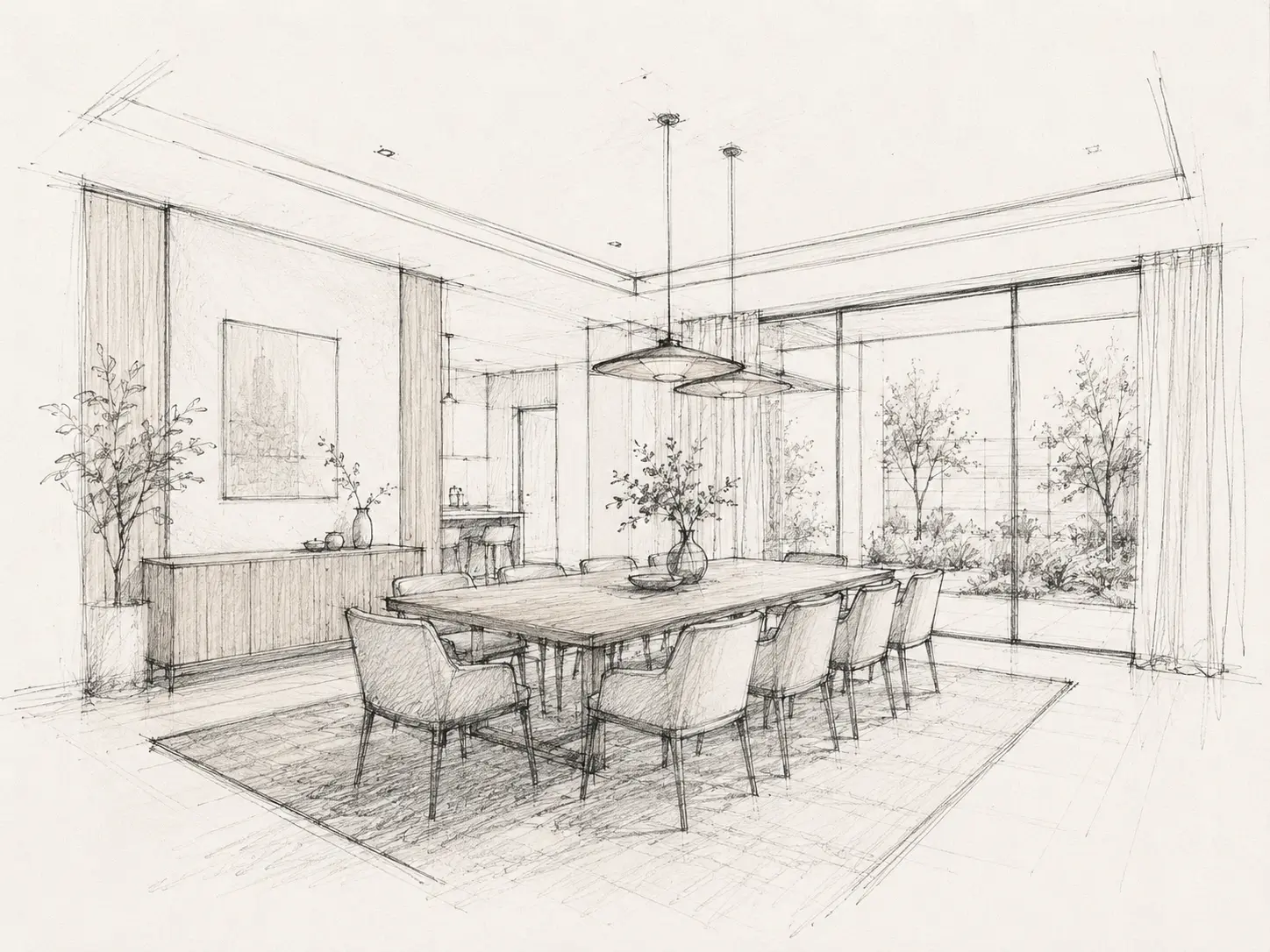Original sketch — Simple interior line drawing transformed into a warm, photorealistic dining room render with materials and daylight