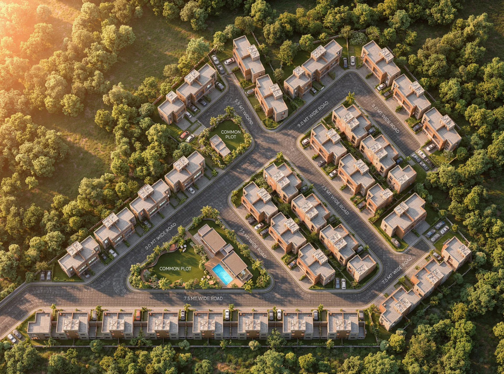 Residential site plan transformed into a realistic top-down rendering with landscaping, private gardens and road markings