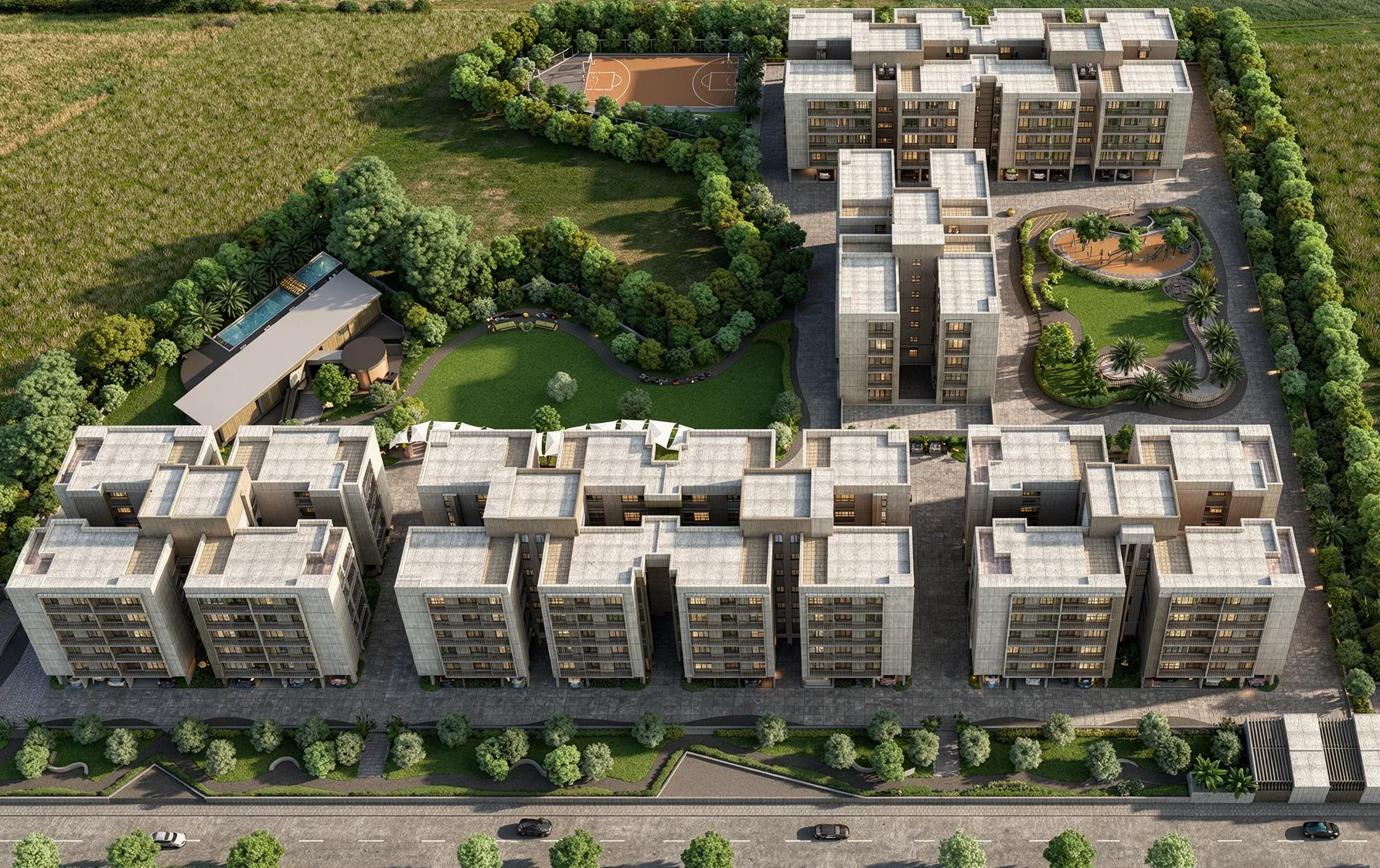 Community park plan transformed into a polished aerial landscape render with water and recreational paths